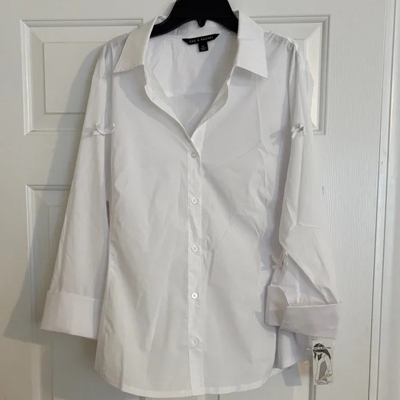 White Button-Up Shirt with Bow Sleeve Detail - Picture 1 of 6